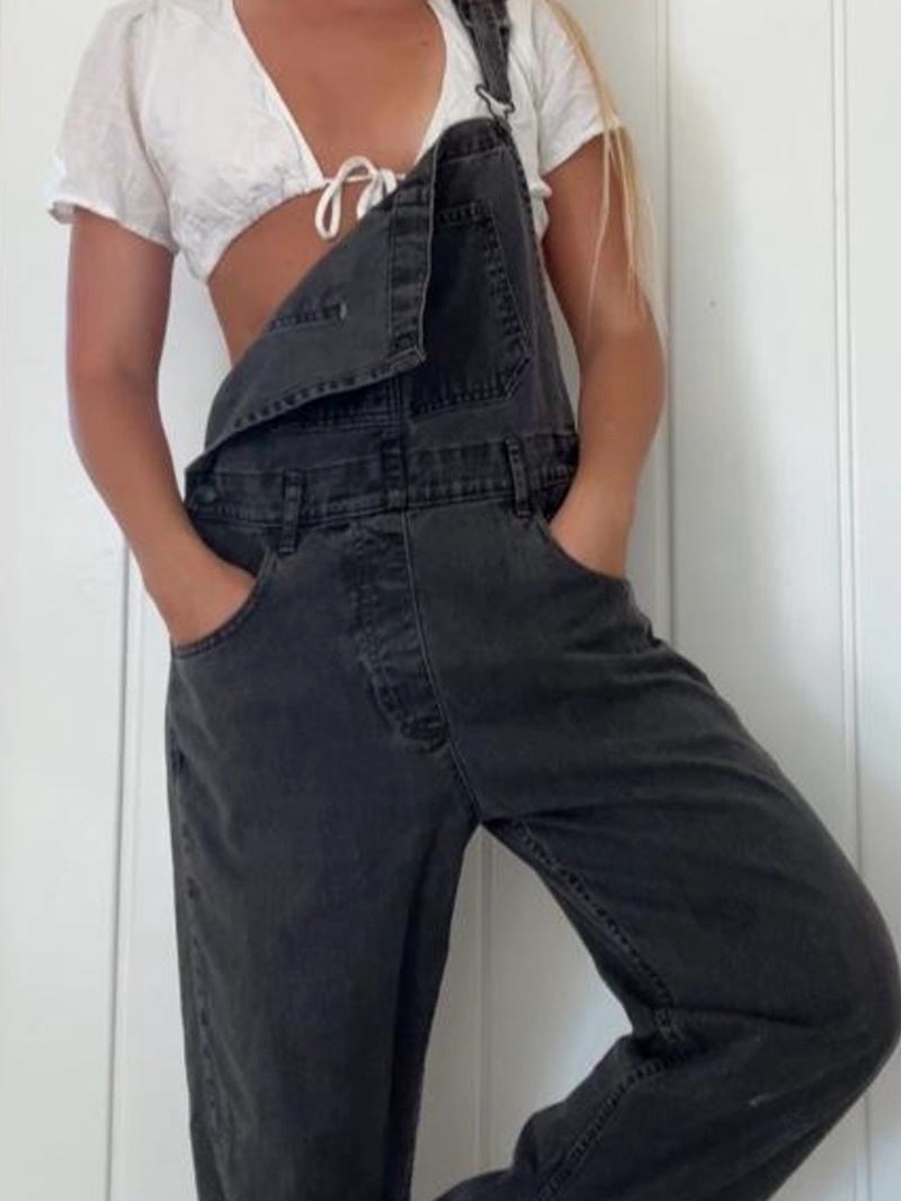 Free People Washed Black Denim Overalls